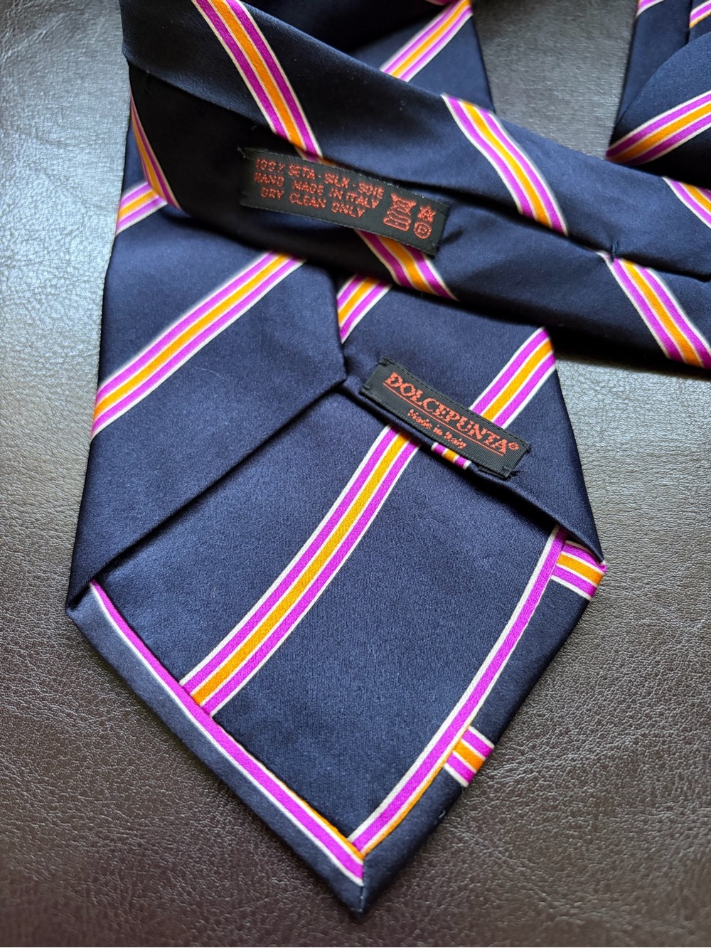 Dolcepunta Navy Stripe Silk Tie with Pink and Yellow Accent
